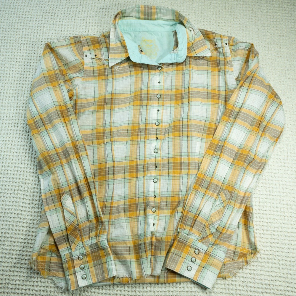 Wrangler Twenty X Womens Yellow Mint Plaid Western Snap Shirt Studded LJ5511M L